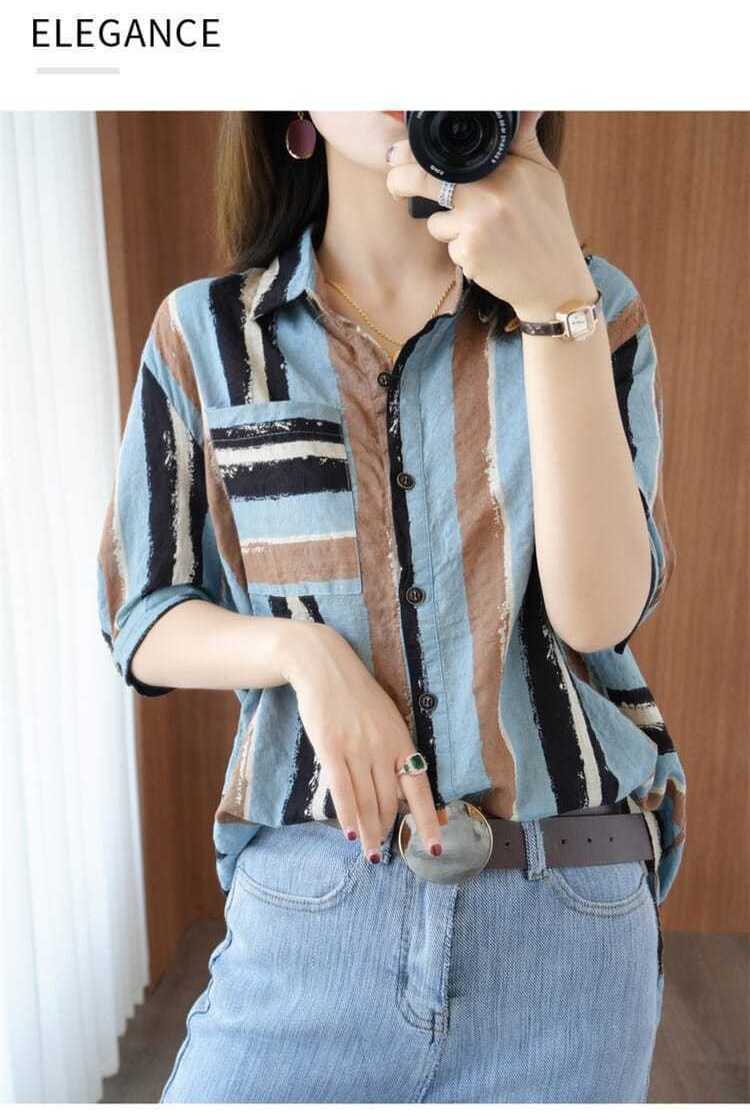 2020年新款棉麻条纹衬衫女设计感小众轻熟夏季薄款竖条纹显瘦短袖