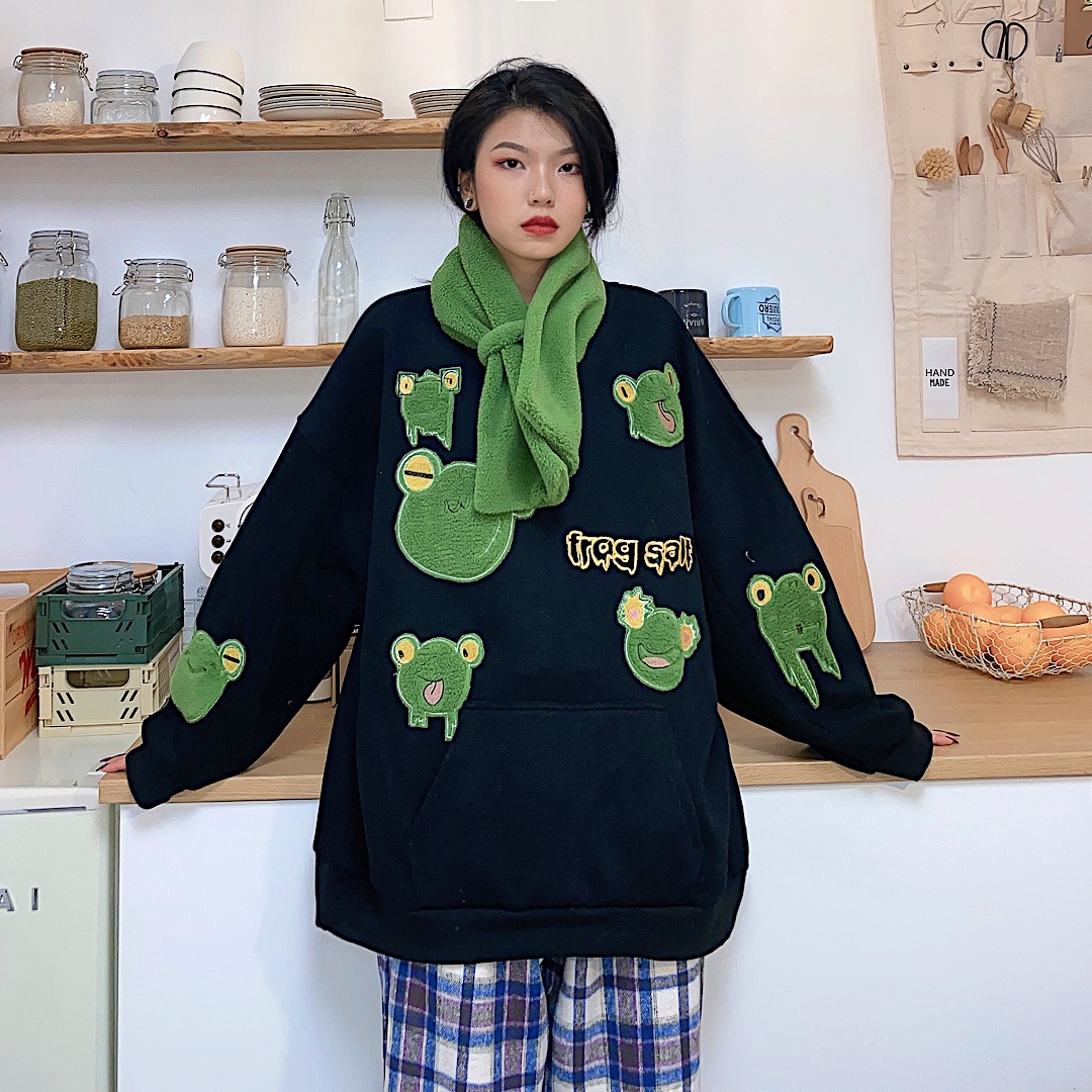 【送圍巾】韓版青蛙刺繡寬鬆加絨保暖衛衣