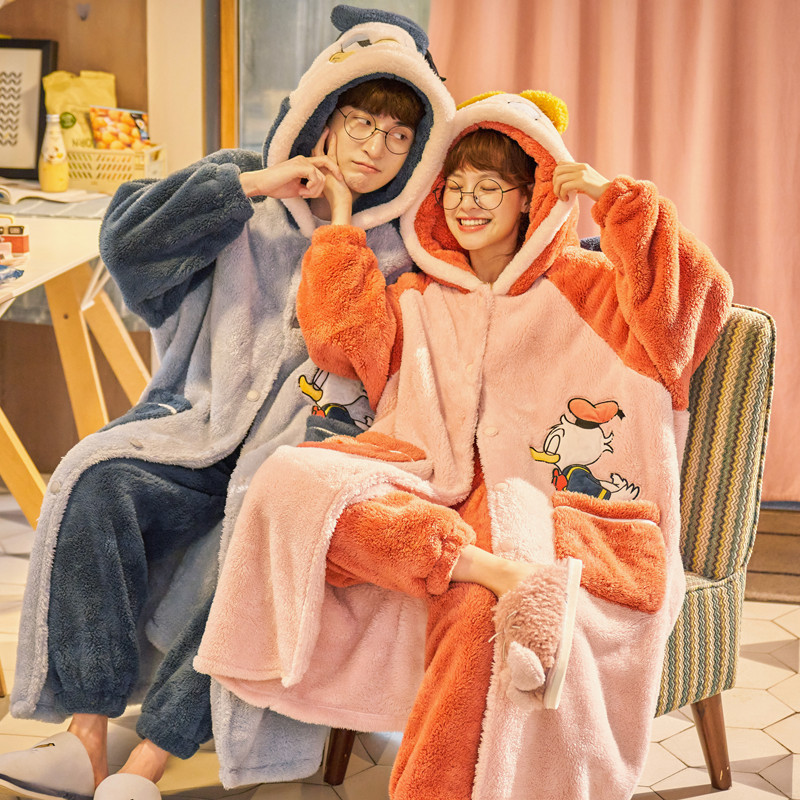 情侶睡袍 加長加厚連帽法蘭絨家居服套裝