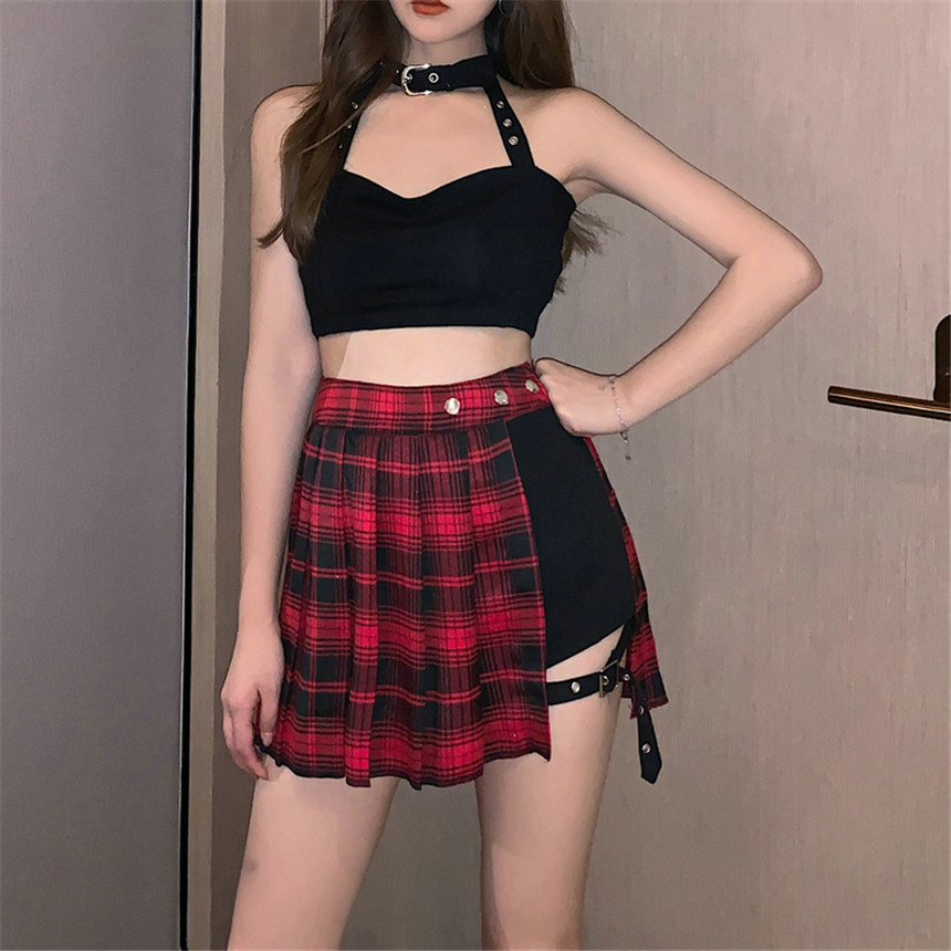 歐美性感掛脖露肩短款上衣+暗黑風不規則拼接百褶褲裙