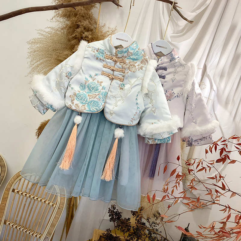 【女寶寶冬裝新品加絨唐裝兩件套裙子】