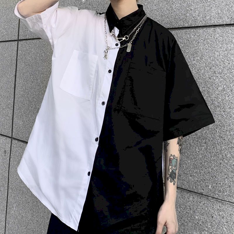 韓國黑白拼接寬鬆短袖襯衫