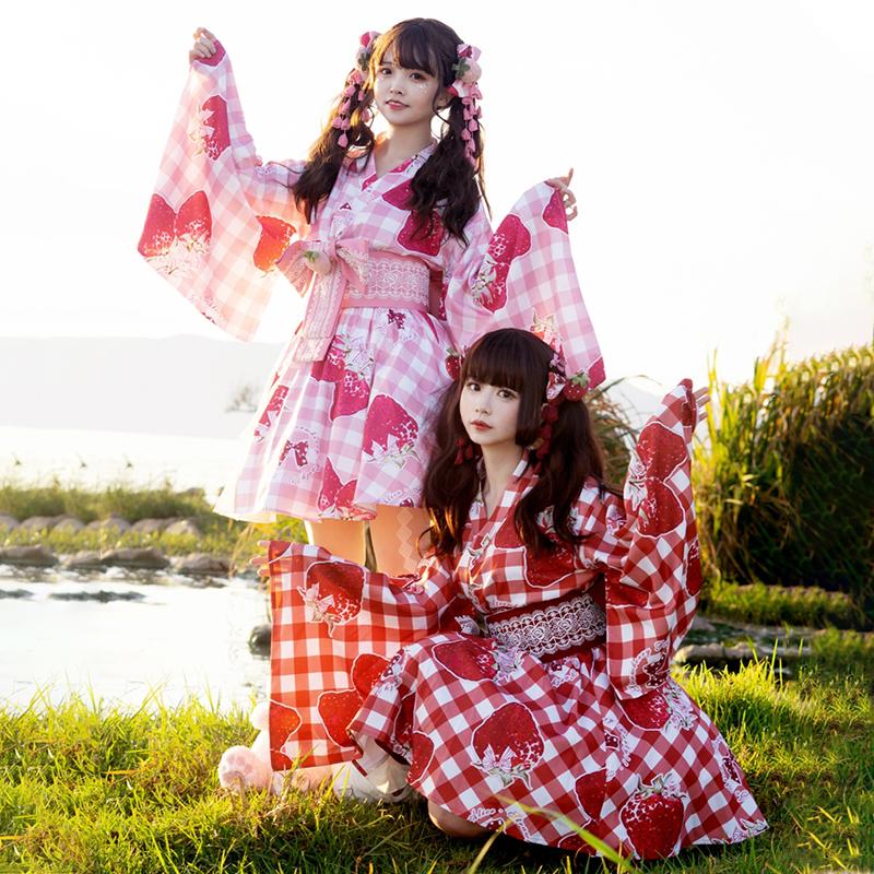 草莓格子甜美腰帶和服套裝