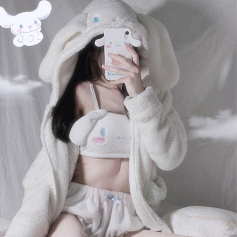 小狗耳朵蝴蝶結毛絨連帽睡衣套裝