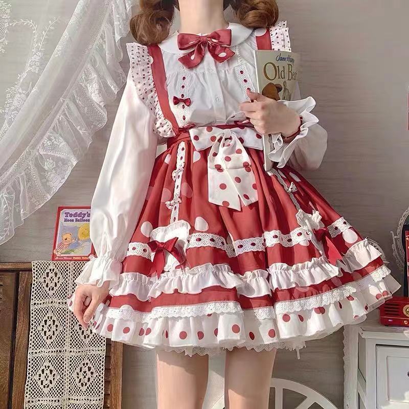 Lolita裙子日常洛麗塔波點背帶裙