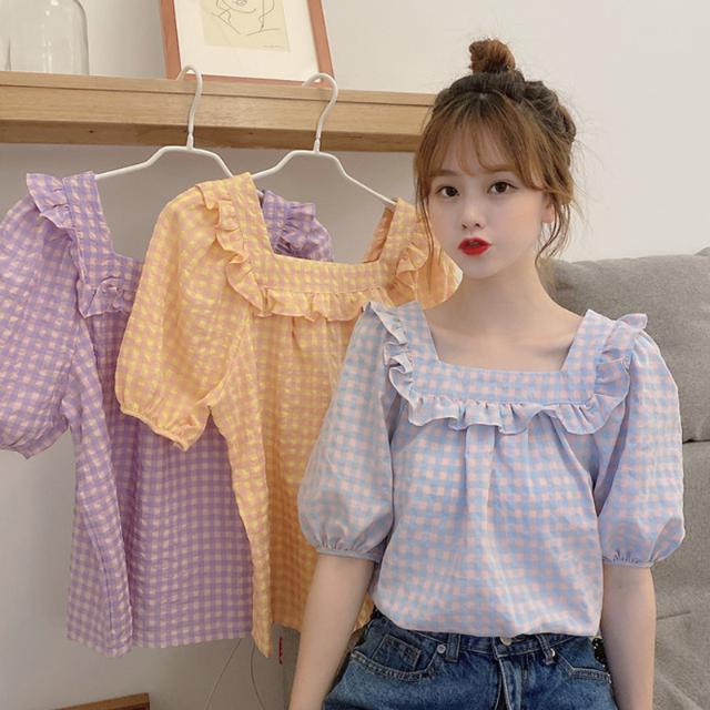 甜美格子泡泡袖襯衫